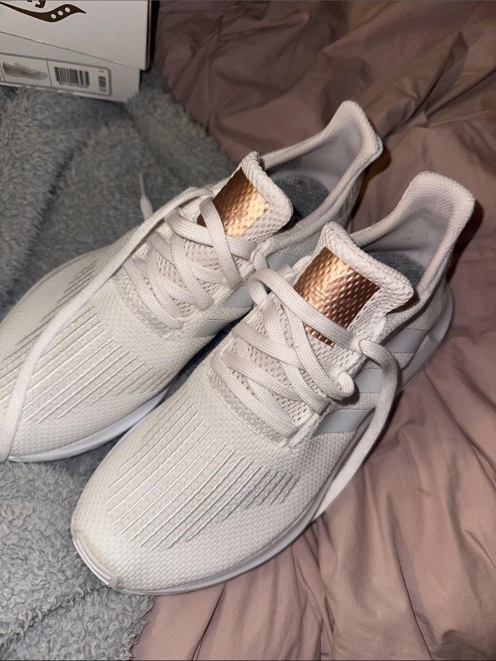 adidas Women's White Knit Sneakers with Rose Gold Tongue Accent